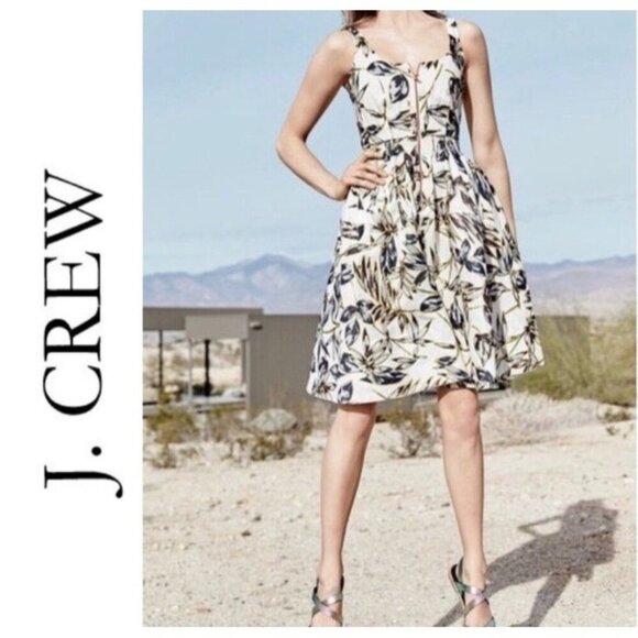 J.CREW Fit & Flare Ivory Linen Dress Gold Black Foil Leaf Print Size 4 NWOT Zip - Picture 1 of 14
